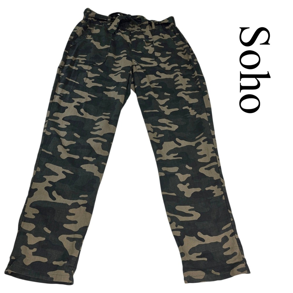 Soho NY&C Camo Pants Women Medium Green Linen Blend Paperbag Waist Utility NWT
